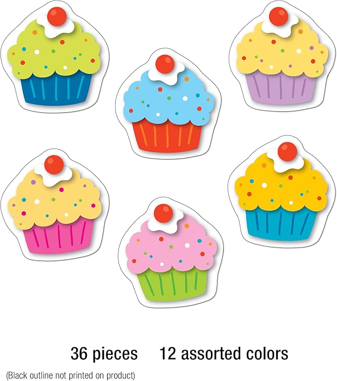 Carson Dellosa 36 Cardstock Colorful Cupcakes Cutouts, Birthday Bulletin Board Decorations, Cupcake Cutouts for Bulletin Boards, Birthday Cupcake Cutouts for Birthdays, Happy Birthday Classroom Décor