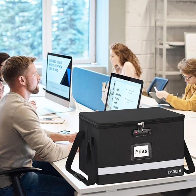 File Box with Lock 2 Pack - Portable File Box with Handle, Sturdy Important Document Organizer with Label, Slide, Reflective Strip for Hanging Letter/Legal Folder