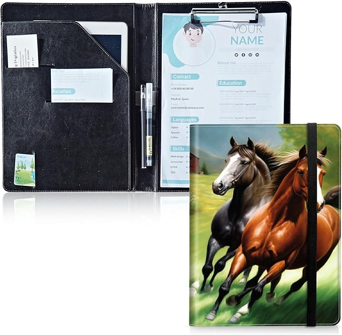 Padfolio Folder with Clipboard,Portfolios Organizer Clipboards with Storage Clipboard Writing Pad PU Leather Conference Document Organizer with Business Card Holder,Running Horse