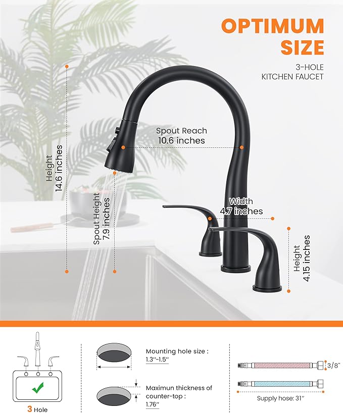 Black Kitchen Faucet 3 Hole with Pull Down Sprayer, 2-Handle High Arc Kitchen Sink Faucet with 3 Function Spray, Stainless Steel, T-3005B