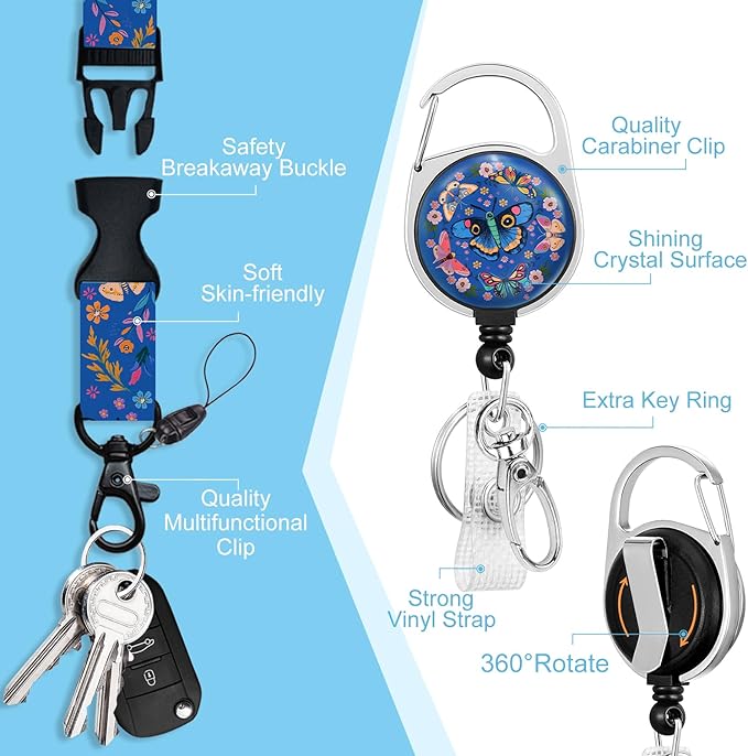 Lanyards for Id Badges, Butterfly Flowers Badge Holder with Retractable Reel Belt Clip, Cute Work Name Tag Lanyard Vertical ID Card Protector Case for Women Nurse Doctor Teacher Student