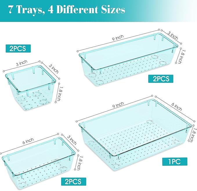 7 PCS Clear Plastic Drawer Organizers Set, 4 Size Desk Drawer Organizer Trays for Makeup, Jewelry, Kitchen Utensils, Gadgets and Office Accessories, Sea Blue