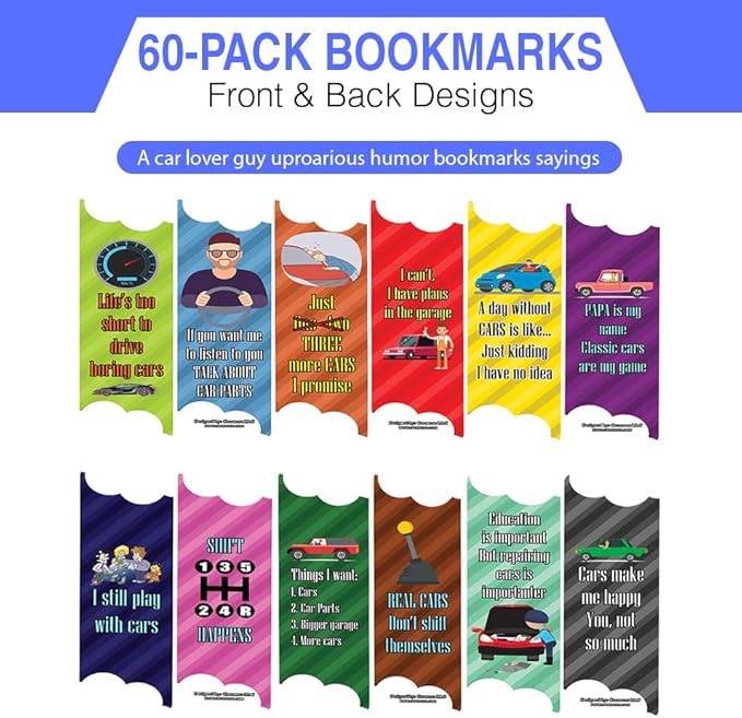Creanoso A Car Lover Guy Uproarious Humor Bookmarks Sayings (10-Sets x 6 Cards) – Great Bulk Set Incentive Page Binders for Bookworm, Bibliophiles – Stocking Stuffers Gifts Rewards Token Ideas