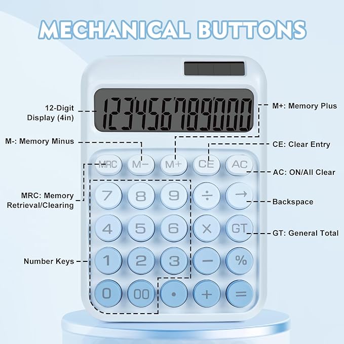 Mechanical Switch Calculator with Big Buttons, Calculators Desktop, 12 Digits, Solar Battery Power, Desk Calculator, Large LCD Display, Cute Blue Calculator for Teachers Students Basic Office