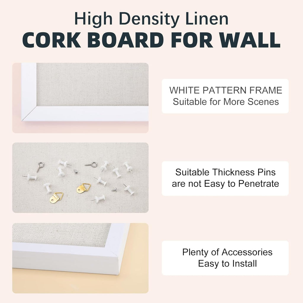 OWLKELA 13.3"x17.7" inch Bulletin Board with Linen, White Wood Style Frame, with 10 Pushpins, Linen Cork Board, Ideal for School, Home & Office