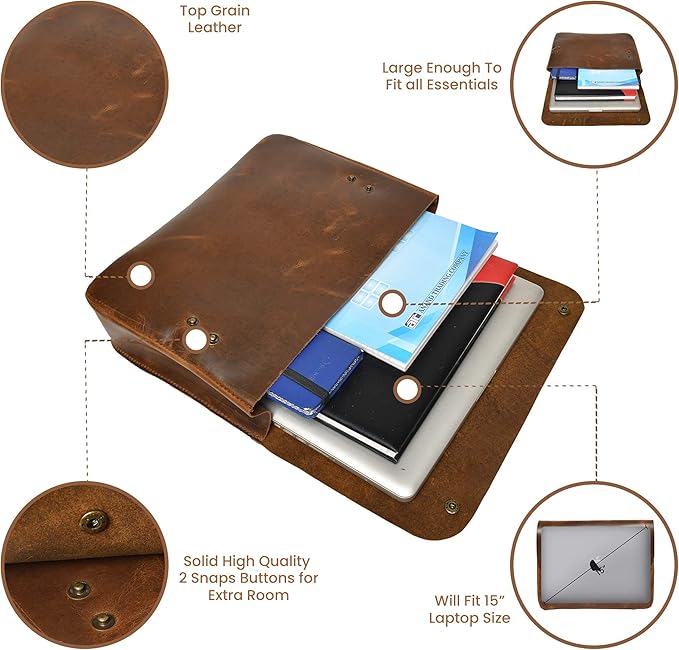 Jajmo Legacy Premium Top Grain Leather Laptop Sleeve - Fits 15” Laptops - Vintage Style Messenger Bag with Snap Buttons - Perfect for Office, School, and Travel