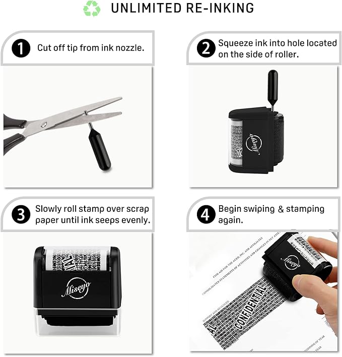 Miseyo Identity Theft Protection Roller Stamp Set - Black (3 Refill Ink Included)