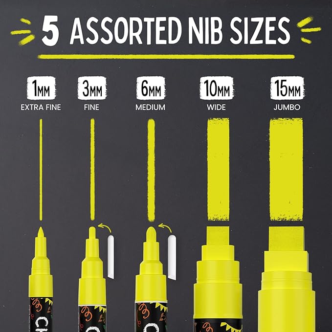 5 Yellow Chalkboard Chalk Markers - Yellow Dry Erase Markers for Blackboard, Chalkboard Signs, Windows, Glass | Variety Pack - Fine & Jumbo Size Ink Pen (1mm, 3mm, 6mm, 10mm, 15mm)