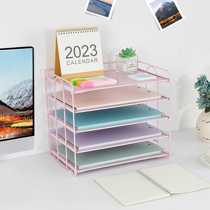 5 Tier Mesh Paper Letter Tray Organizer, Desktop Mail Sorter Office Supplies Organizer for Desk, Desk Organizers and Accessories (Pink)
