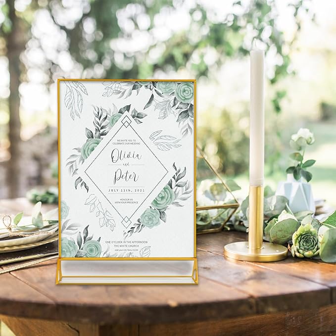 Gold Frames 5 x 7 Acrylic Sign Holder Double Sided Wedding Table Number Holder Clear Plastic Gold Picture Frames Flyer Holder for Table Menu Photo Display-12 Packs