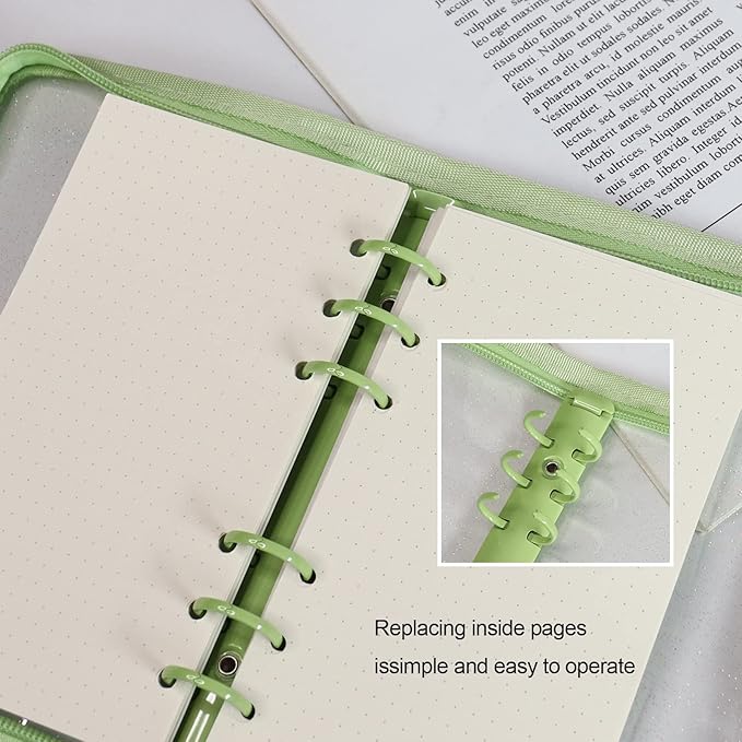 Multibey A5 Binder Cover Clear Soft PVC 6-Ring Binder Budget Cash Evelopes System with Zipper Planner Organizer Refillable Notebook Journal Binder (Grass Green, A6)
