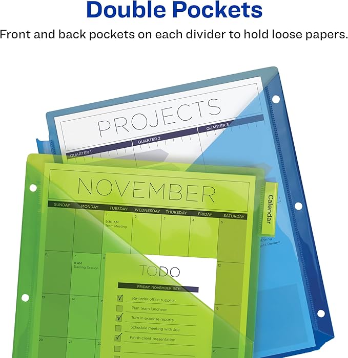 Avery Dividers for 3 Ring Binders, 5-Tab Sets, Two-Pocket Plastic Binder Dividers with Tabs, Multicolor, 1 Set (11906)