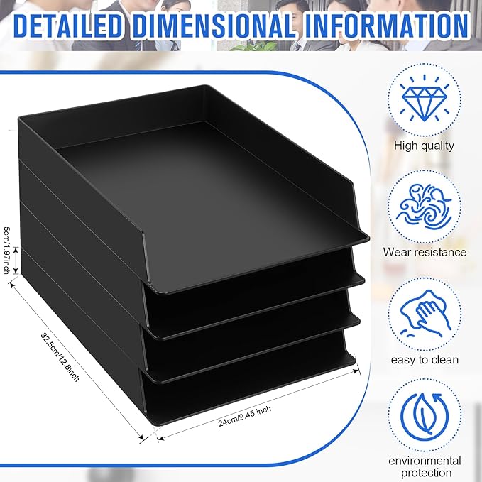 Wenqik 4 Pcs Stackable Paper Trays Rectangular Plastic Desk Tray Holder Desktop Document File Paper Organizer Plastic Storage Letter Tray for Office Classroom, Black