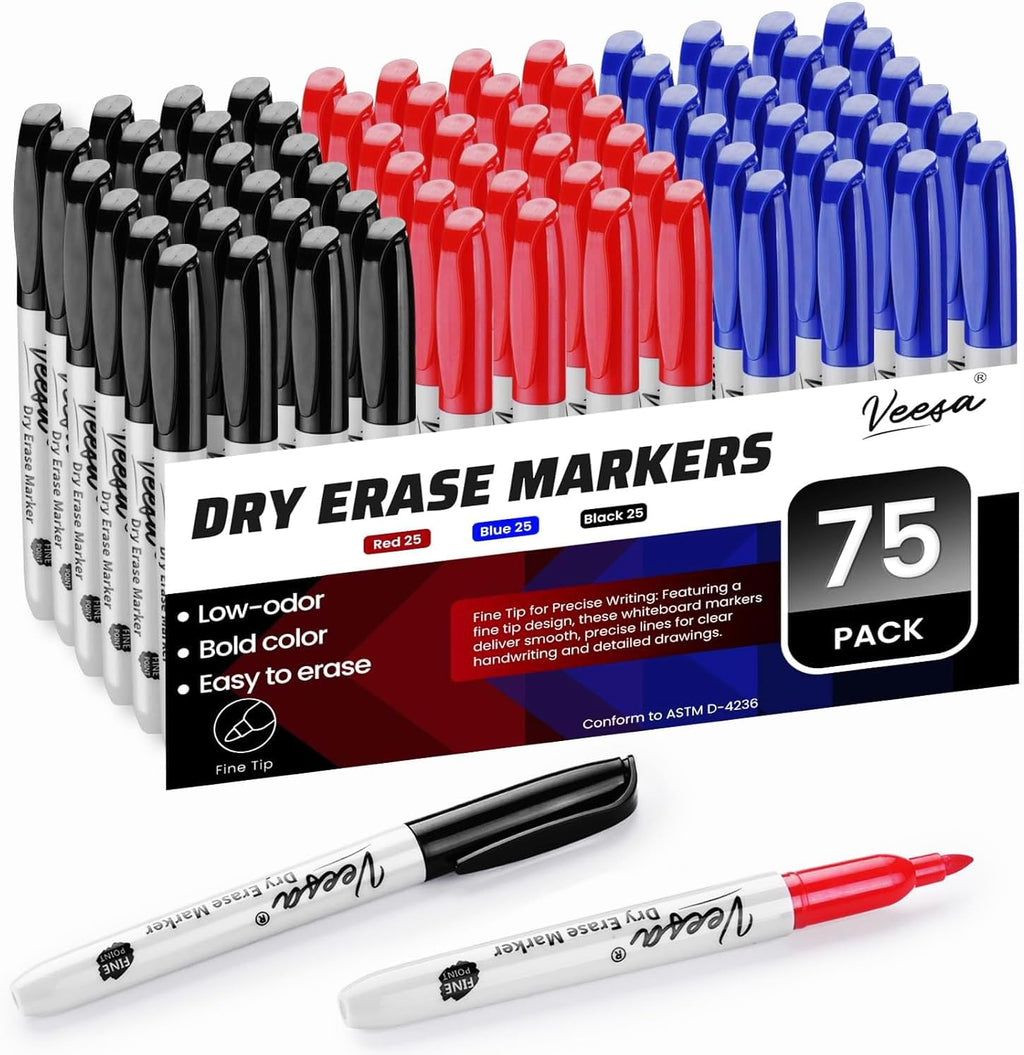VEESA Dry Erase Markers Bulk, Fine Tip, 3 Assorted Colors, 75 Pack Low-Odor Whiteboard Marker Pens for Office Home, Back to School Supplies