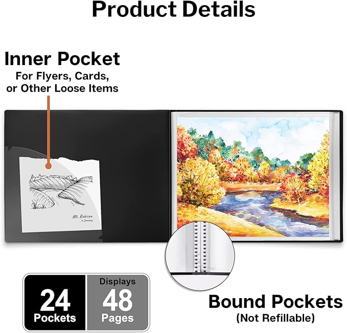Dunwell 11x14 Portfolio Binder (Black, Horizontal), Presentation Book with 24 Pockets, Large 11 x 14 Art Portfolio Folder, Acid-Free Poly Cover and Sleeves