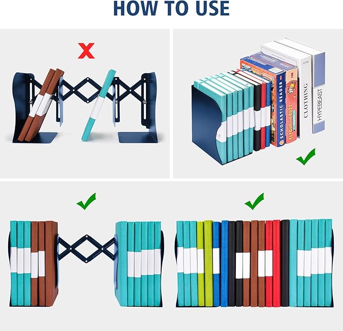 2PCS Adjustable Bookends, Metal Book Ends for Heavy Book, 2 Dividers, Nonslip Book Stander for Desk, Shelf, Office, Stationery Gift, Extends up to 19 inches (Blue)