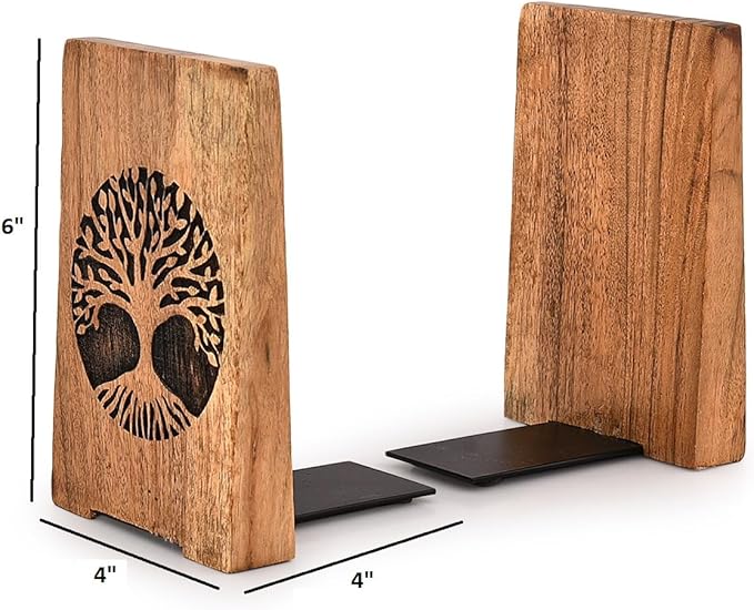 NIRMAN Office Bookends Iron & Acacia Wood Tree of Life Office Bookends for Shelves or Bookcase Heavy Bookends, Home Décor Gift (4" X 4" X 6"), (Set of 2)