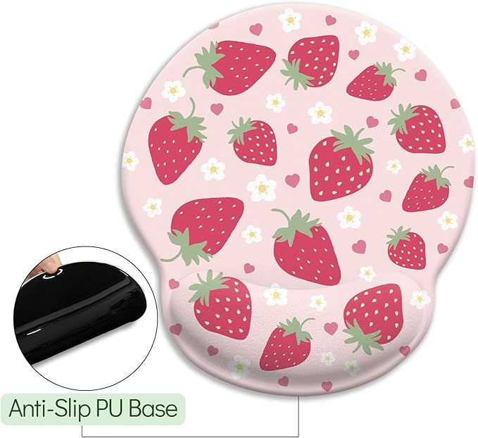Strawberry Mouse Pad, Pink Ergonomic Mouse Pad with Wrist Rest, Gaming Mousepad with Non-Slip Pain Relief PU Base, Cute Wrist Support Mouse Pad, Pink Office Desk Accessories Decor Supplies