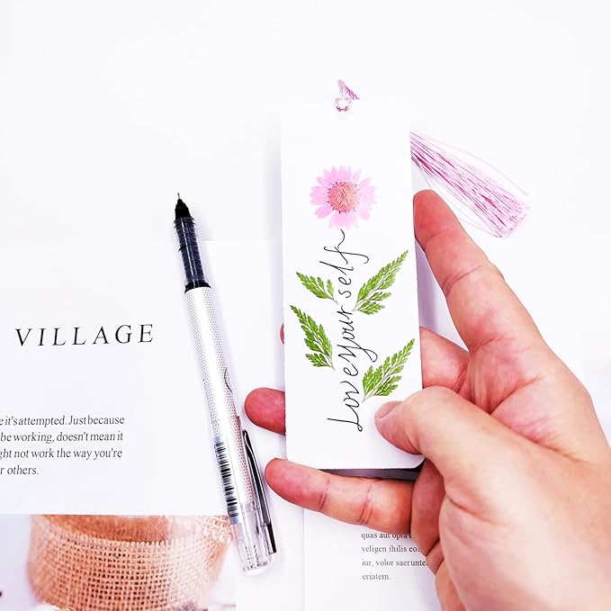 Cardstock Blank Bookmarks Set, 12 Pcs DIY White Craft Bookmarks for Pressed Flowers, Dried Flower Bookmark Making Kit with 43 Pcs Pressed Flowers, 12 Pcs Tassels, DIY Bookmarks for Dried Flowers