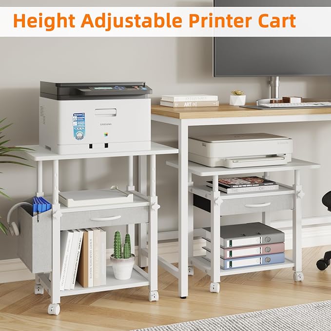 22"x15" Large Printer Stand with Storage Drawer and Side Bag, 3-Tier Height Adjustbale Printer Table for Home Office, Rolling Printer Cart fit Heat Press/Laser printer/3D Printer(White)