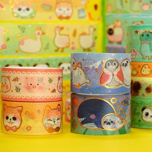 Cute Pets Washi Tape Set 13 Rolls Wide Gold Embellishment Decorative Masking Tapes for Arts, DIY Crafts, Journals, Planners, Scrapbook, Wrapping (Animal Kindergarten), 10/15/20/25mm