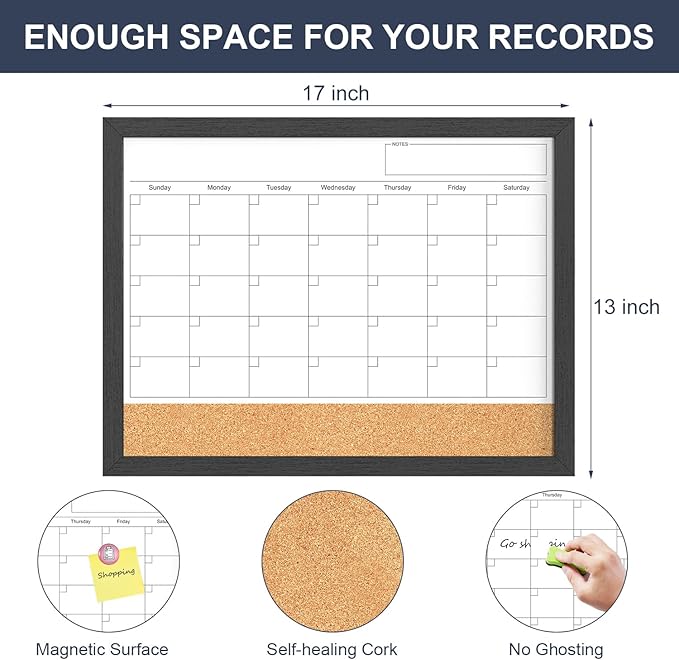 Dry Erase Calendar for Wall, 17"x13" Dry Erase Calendar Cork Board Combo, Magnetic White Board Monthly Calendar with Wood Framed, Hanging Dry Erase Board for Planner Office Kitchen Home Memo