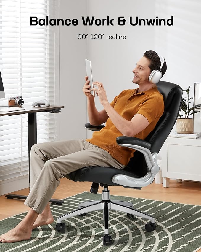 Marsail Comfortable-Office Chair with Dynamic-Lumbar Support: High Back PU Leather Executive Office Chair with Flip-up Arms Tilt Function, Ergonomic Executive Desk Chair for Home Office Work, Black