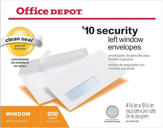 Office Depot Clean Seal(TM) Security Window Envelopes, #10 (4 1/8in. x 9 1/2in.), White, Pack Of 250, 77292