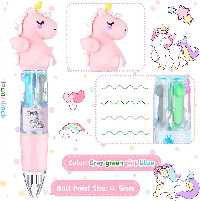 Chinco 12 Pieces Retractable Unicorn Pens 4-in-1 Multicolor Ballpoint Pen Unicorn Candy Party Favor Colored Ink Mini Party Favors for Girls Kids Classroom Prizes Birthday Gifts(Fat Unicorn)