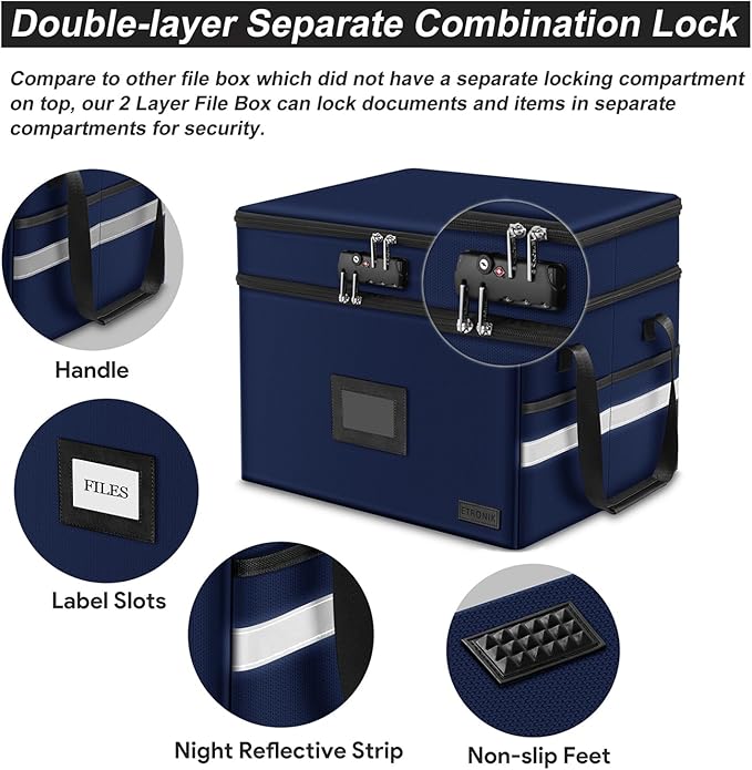 ETRONIK Fireproof Document Box with Lock, 2-Layer File Box Storage Organizer with 5 Tabs& Insert, Portable File Cabinet Storage Box with Handle for Hanging Letter/Legal Size Folder/Certificate, Blue