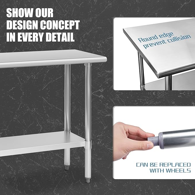 Hally Stainless Steel Table for Prep & Work 18 x 48 Inches, NSF Commercial Heavy Duty Table with Undershelf and Galvanized Legs for Restaurant, Home and Hotel