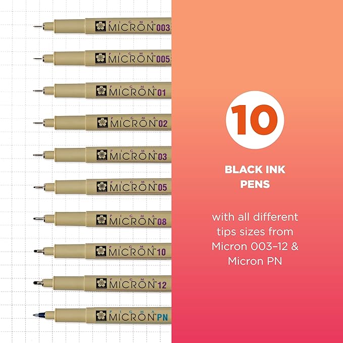 SAKURA Pigma Micron Fineliner Pens - Archival Black Ink Pens - Pens for Writing, Drawing, or Journaling - Assorted Point Sizes - 10 Pack