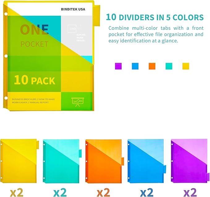 Binditek 10 Pack Plastic Dividers with Front Pocket, 5-Tab Insertable Poly Pocket Dividers for 3 Ring Binders, Letter Size, Multicolor, 2 Set, for Students and Coworkers