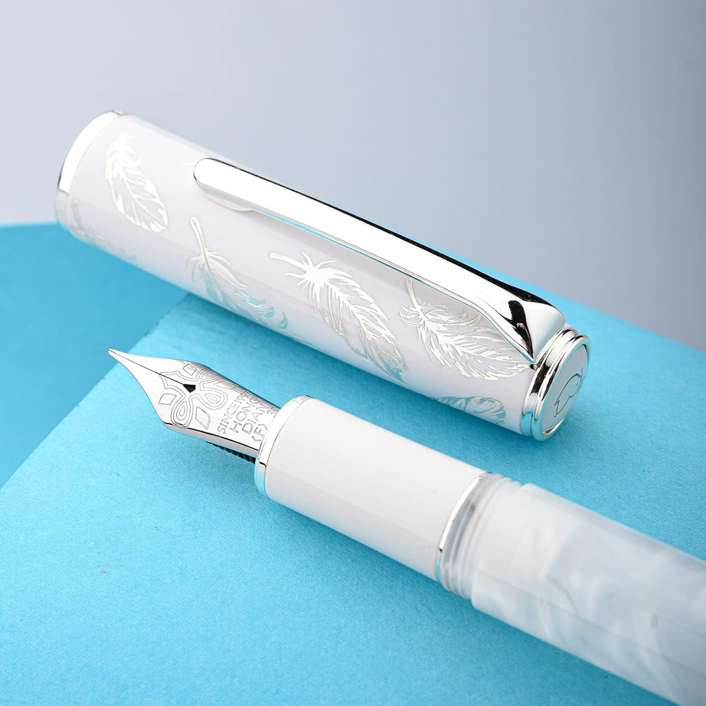 Hongdian N8 White Acrylic Resin Fountain Pen, Iridium Extra Fine Nib Silver Plated Feather Carving Cap Smooth Writing Pen with Converter and Metal Pen Box Set