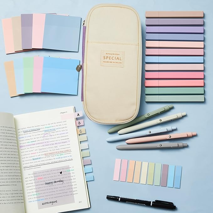 Jutom 39 Pcs Aesthetic Book Annotation Kit Pencil Case Bag with Highlighter Gel Pen 700 Sheets Transparent Sticky Notes Pads Index Tab Bible Study Supplies for School(Purple,Cute Style)