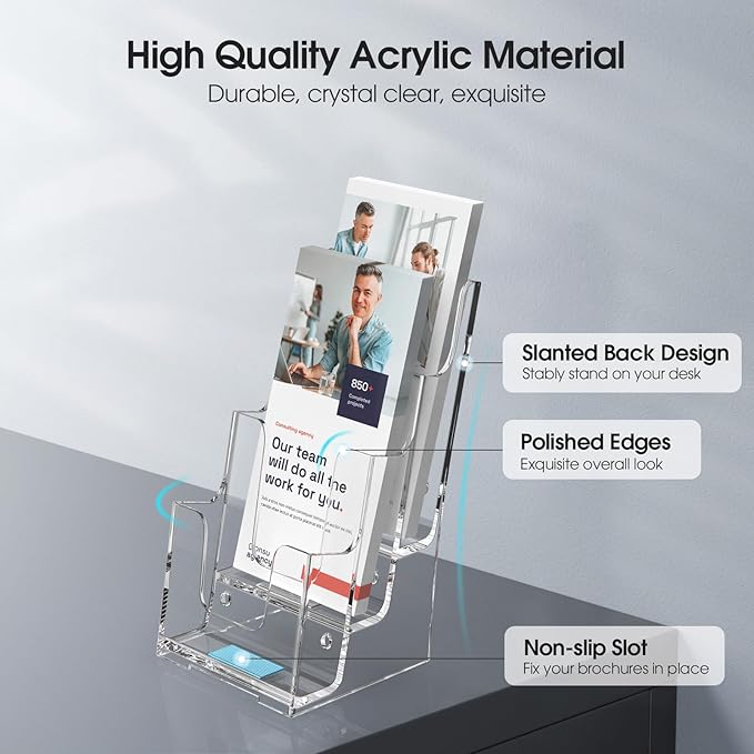 MaxGear Acrylic Brochure Holder, 4-Inch Wide 3 Tier Brochure Display Stand Clear Literature Holder Premium Acrylic Pamphlet Holder Multi Pocket, Wall Mount or Counter Top Use(2 Pack)