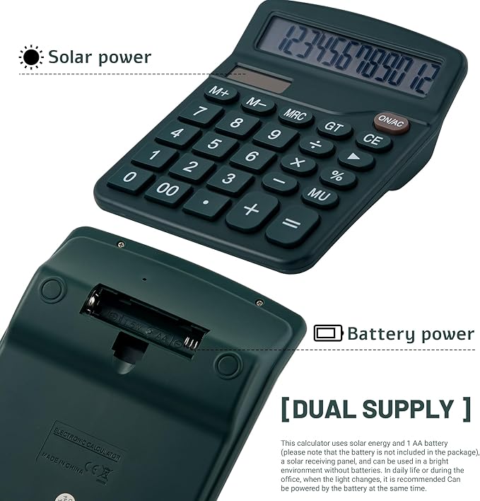 Golcellia Calculators Desktop, Dark Green Calculator, Cute Calculator 12 Digit Desk Calculator Large Display, Dual Power Solar Battery, Office Home School Supplies for Adults & Students