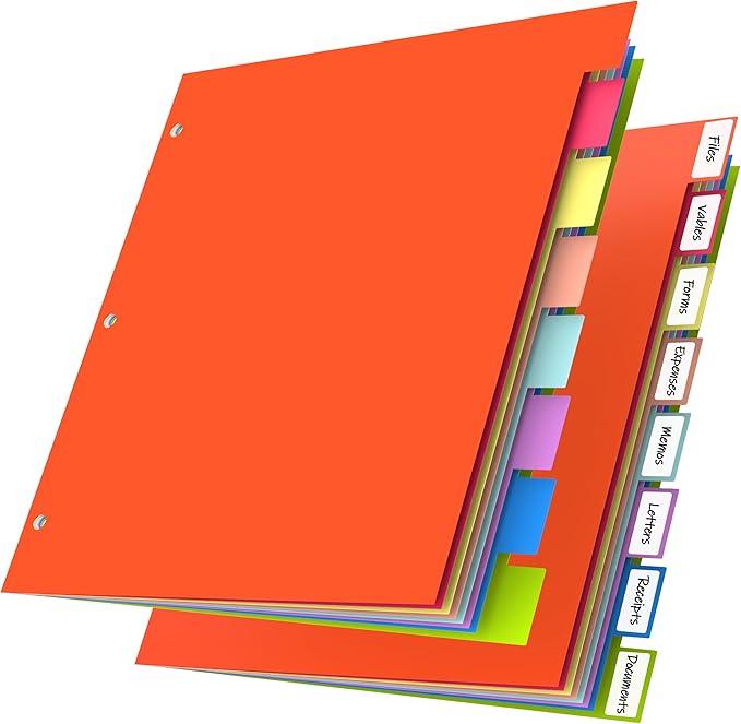 HABGP 16Pcs/2 Set 8 Tab Dividers for 3 Ring Binder, 16 Pcs Multicolor 3 Ring Binder Dividers with Tabs, Page Folder Dividers, Plastic Tabbed File Dividers with Tabs, Three Ring Binder Index Dividers