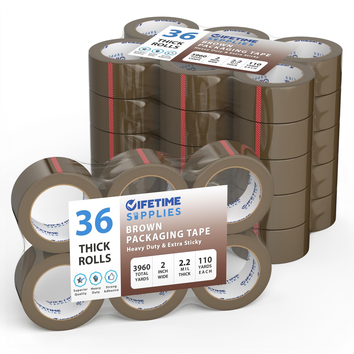 36 Rolls [Upgraded] 2" Brown Premium Packing Tape, 110 Yards, 2.2 mil, Heavy Duty Packaging Tape for Shipping, Moving, Sealing - Stronger & Thicker