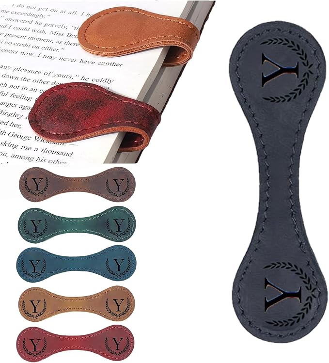 Personalized Magnetic Leather Bookmark, 26 Letters Custom Leather Bookmarks, Handmade, Leather Magnetic Bookmark for Book Lovers Readers Women Kid(Black，Y）