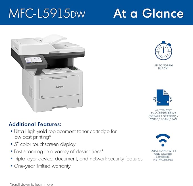 Brother Monochrome Laser Printer, Multifunction All-in-One Printer, MFC-L5915DW, Wireless Networking, Mobile Printing & Scanning, Duplex Print, Copy & Scan, Amazon Dash Replenishment Ready