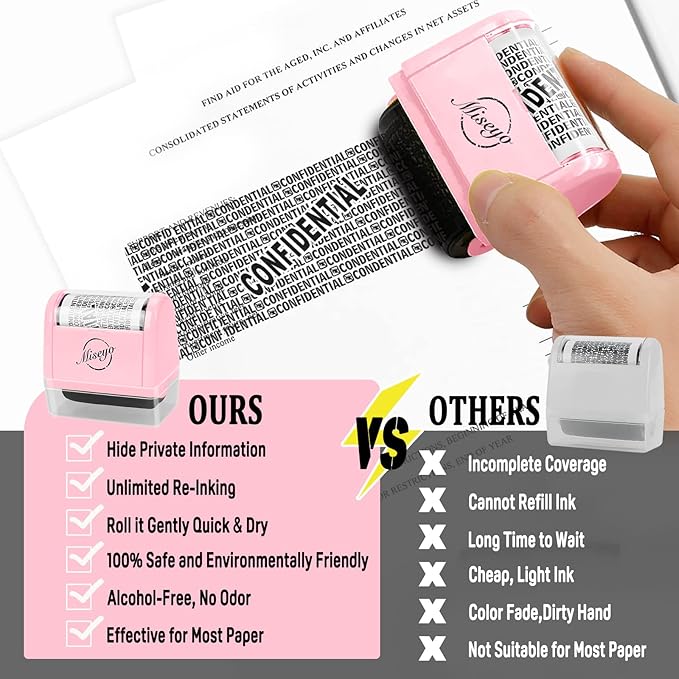 Miseyo Wide Roller Stamp Identity Theft Stamp 1.5 Inch Perfect for Privacy Protection - 3Pack Set (Pink)