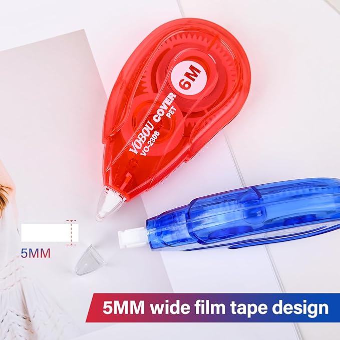 White Correction Tape, Easy To Use Applicator for Instant Corrections Wrong Writing At Any Time, For school, Office (Red and Blue, 12pack, 6M/256" x 0.2")