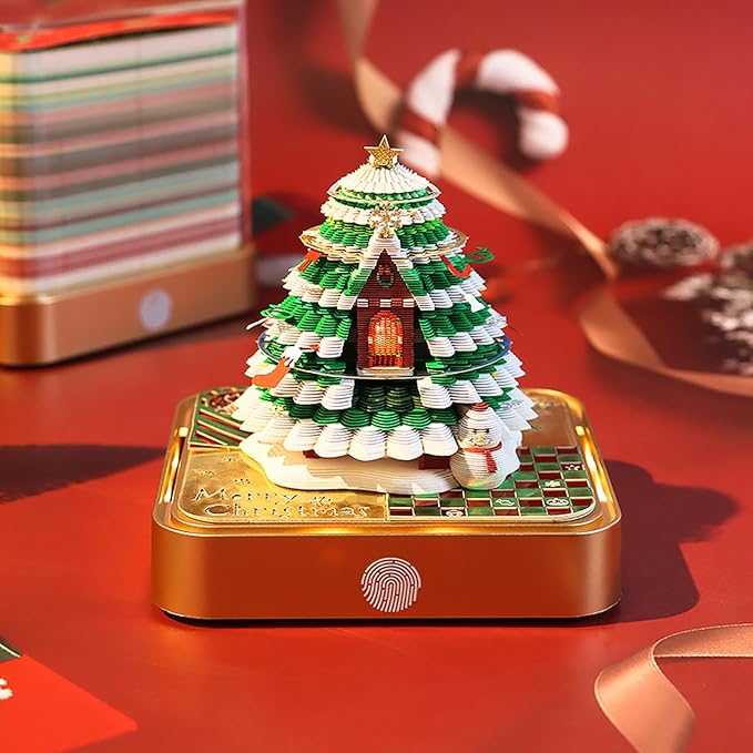 Time Piece Calendar, 3D Art Calendar Memo Pad 2025 Creative Desk Calendar with Light,Christmas Tree Rip Away Paper Carving Memo Pad Art Notepad Decorative Gifts