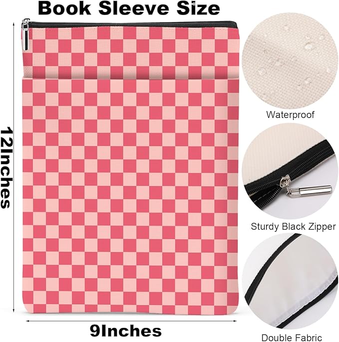 Pink Checkered Pattern Book Lovers Gifts Waterproof Book Sleeve Book Pouch Book Protector with Zipper & Front Pocket BookCover Case for Women Girl Readers Librarian Book Accessories Book Club Gifts