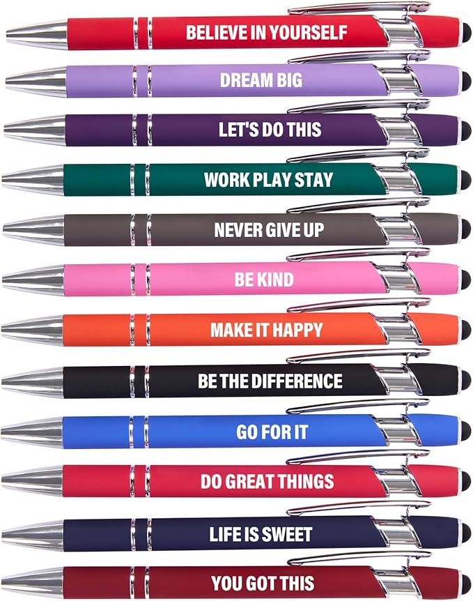 Funny Pens, 12 Pcs Pens Fine Point Smooth Writing Pens, Inspirational Ballpoint Pens with Screens Touch Stylus Tips, Black Ink 1.0 Mm Pens Gift Office Desk Accessories, Motivational Stylus Pens