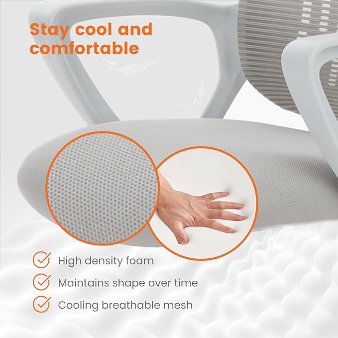 Sweetcrispy Office Computer Desk Managerial Executive Chair, Ergonomic Mid-Back Mesh Rolling Work Swivel Chairs with Wheels, Comfortable Lumbar Support, Comfy Arms for Home,Bedroom,Study,Student,Grey