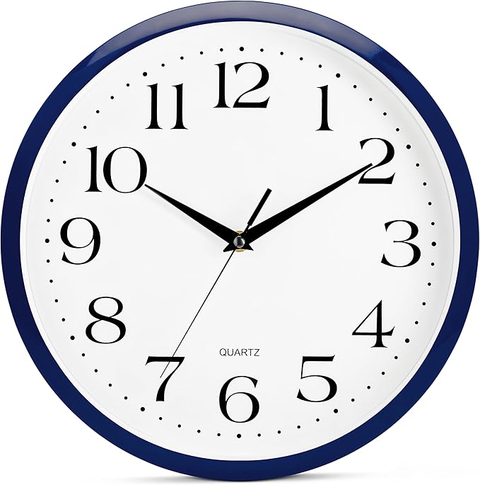 Bernhard Products Navy Wall Clock Silent Non Ticking - 12 Inch Quality Quartz Battery Operated Round Easy to Read Home/Kitchen/Office/Classroom/School Clock