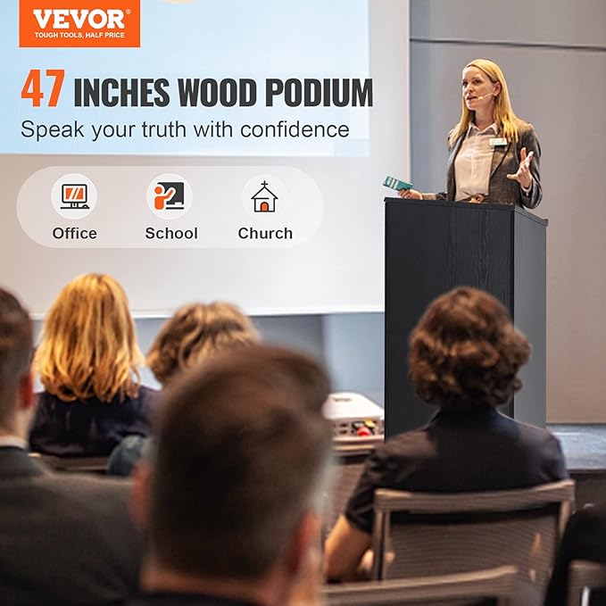 VEVOR Speaker Podium, 47-inch Mobile Lectern with 4 Casters, Wooden Presentation Stand with Shelves, Angled Top, for Church, Office, School, Home Use, Black