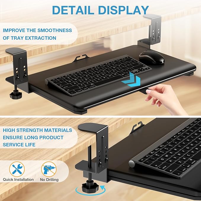 YOMT Adjustable Keyboard Tray Under Desk - 25.5“x13.7” Slide Out Computer Keyboard Drawer, 5kg Capacity with Smooth Glide Handle Out Computer Drawer for Typing, Black